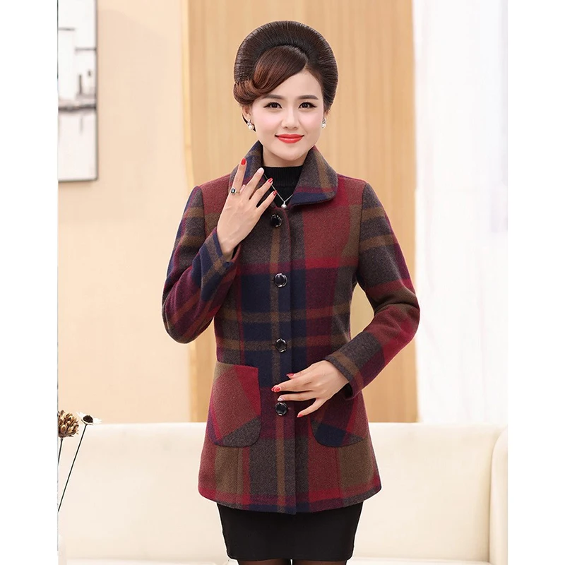 

Fashion Plaid Woolen Coat Middle-Aged Elderly Women's Jacket New 2024 Autumn Winter Blended Woolen Outerwear Female Tops