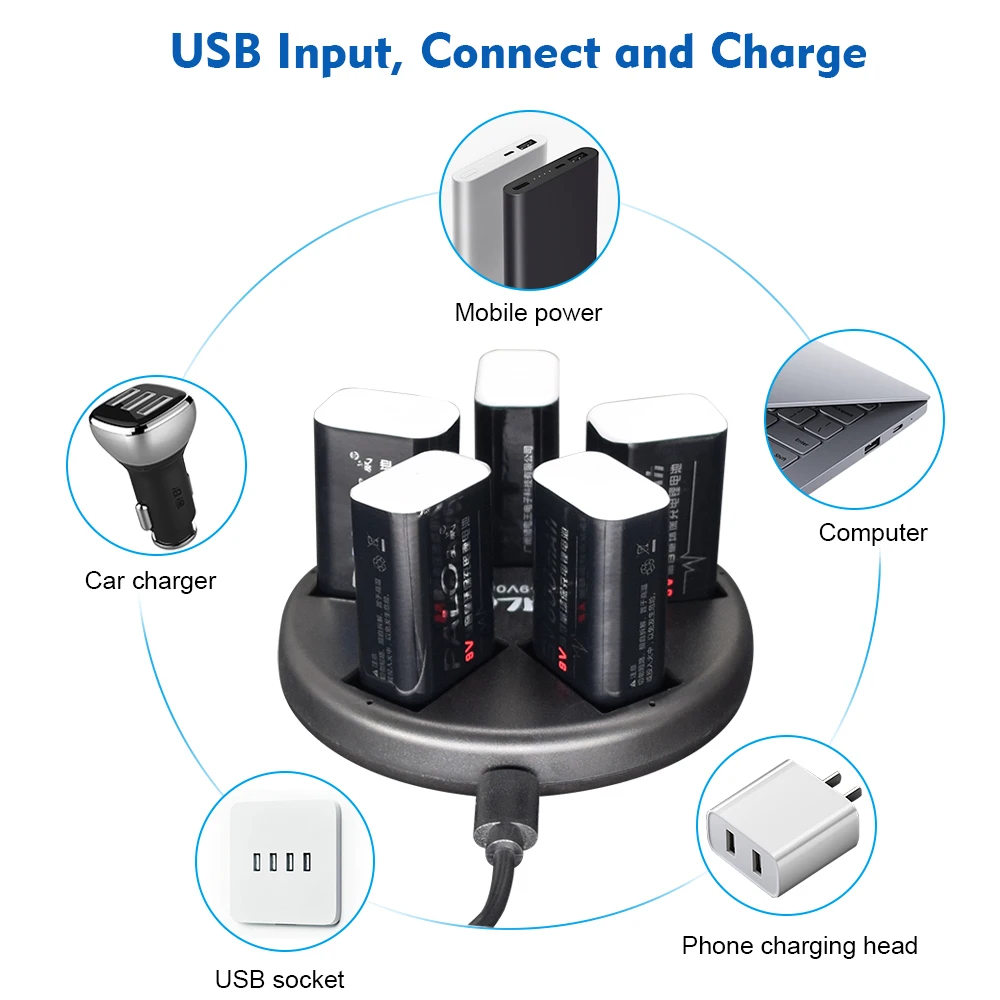 Ładowarka PALO 9V ładowarka USB 9V do akumulatorów litowo-jonowych 9V 6F22 Ni-MH, 5 gniazd inteligentna ładowarka indywidualna