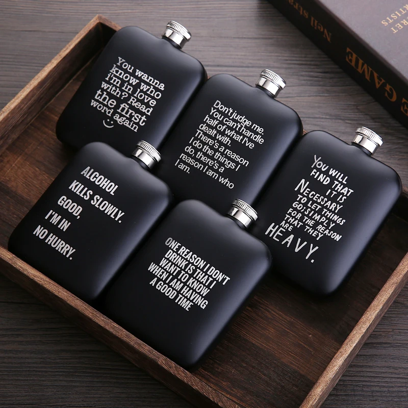 6 OZ Ounces Rectangle Frosted Black Matte Metal Stainless Steel Hip Flask Dringking Gift For Man Lover Quotes Laser Engraved