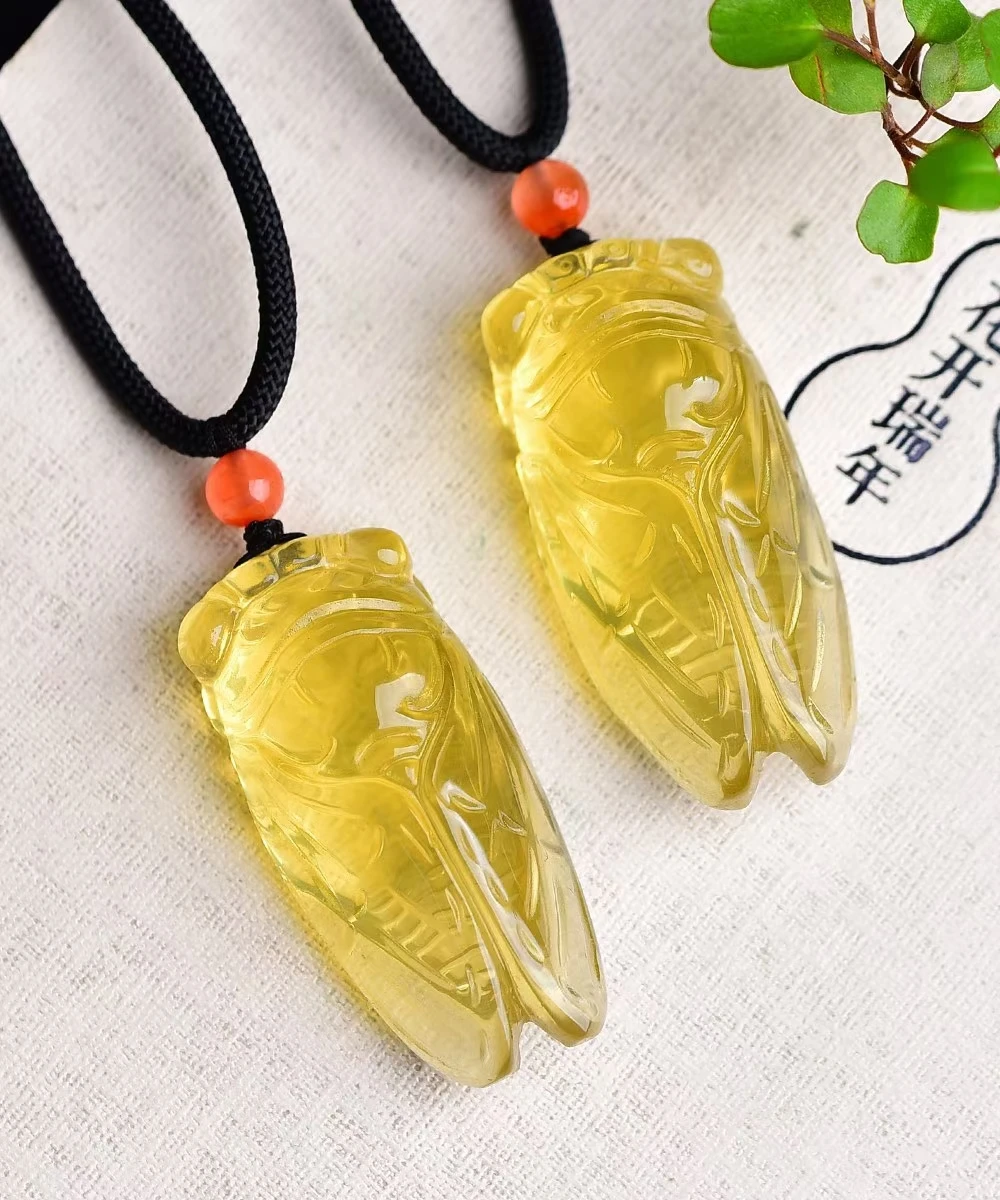 Natural Yellow Citrine Quartz Cicada Carved Pendant Crystal Women Men 41*19*13mm Gemstone Love Wealthy Bead Necklace AAAAA