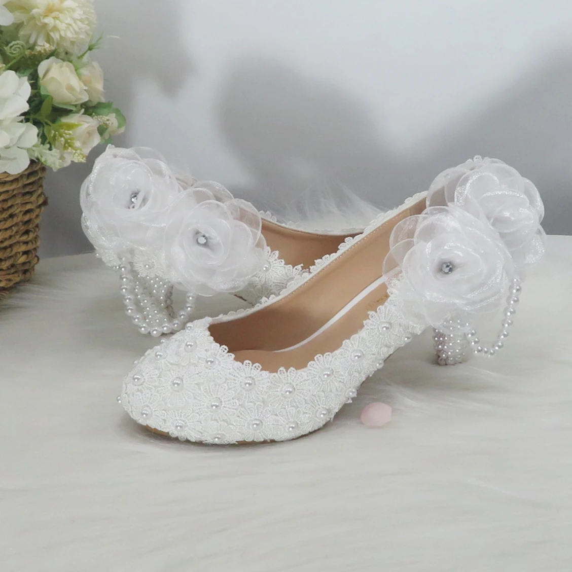 BaoYaFang white flower Women wedding shoes Bride Party dress shoes woman High heel platform shoes ladies handmade Lace shoe