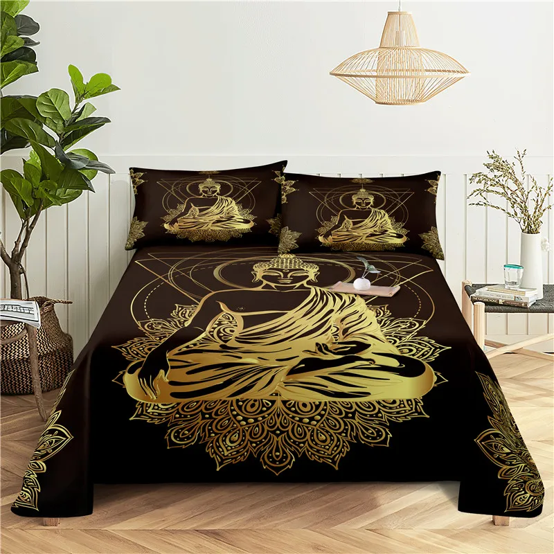 Buddha Statue 0.9/1.2/1.5/1.8/2.0m Digital Printing Polyester Bed Flat Sheet With Pillowcase Print Bedding Set