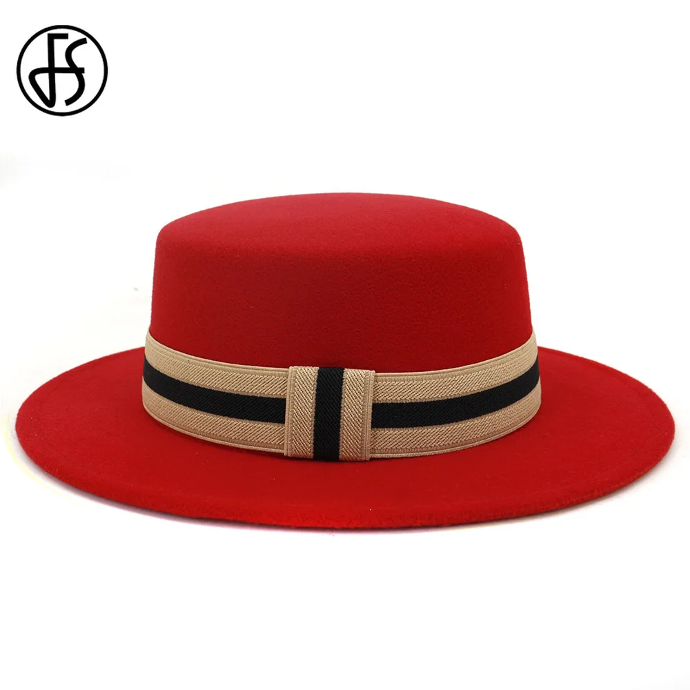 FS Men Women Wool Felt Fedora Bowler Hat with Ribbon Band Elegant Wide Brim Flat Top Party Jazz Cap Black Red Army Green Hats