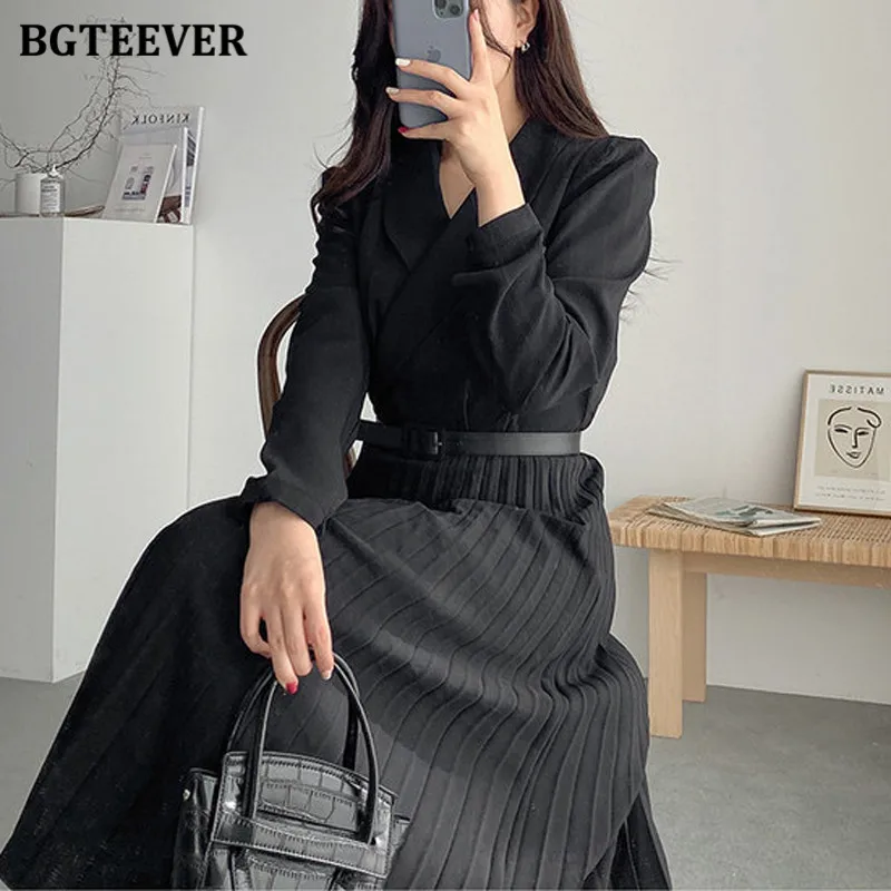 BGTEEVER Spring Chic Ladies Pleated Dress Elegant Lapel Women Mid-length Vestidos Long Sleeve Belted Summer Female Dress 2021