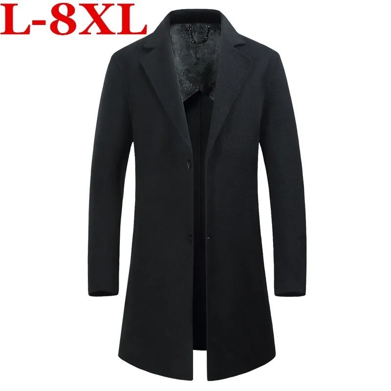 

winter plus size 8XL Autumn Male Woolen Coats Middle Long Business Jackets Mens solid color Thicken Warm Wool&blends Overcoat