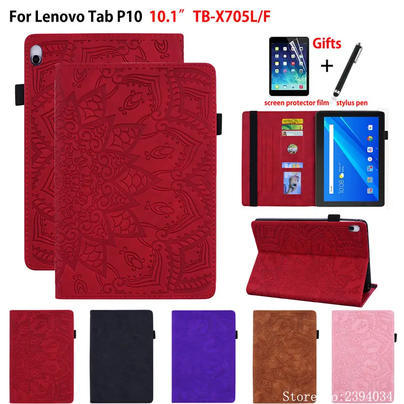 

Case For Lenovo Tab P10 TB-X705L TB-X705F 10.1" Cover Coque Funda Tablet Embossed Silicone PU Leather Stand Shell Capa +Gift