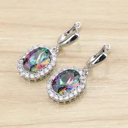 Oval Mystic Rainbow Cubic Zirconia Dangle Earrings 925 Silver Jewelry Drop Earring For Women Free Gifts Box