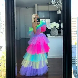 Colorful Tutu Skirt Women Layered saias mulher Rainbow Tulle Skirts Maxi Extra Puffy Hi Low Women Tutu Gown