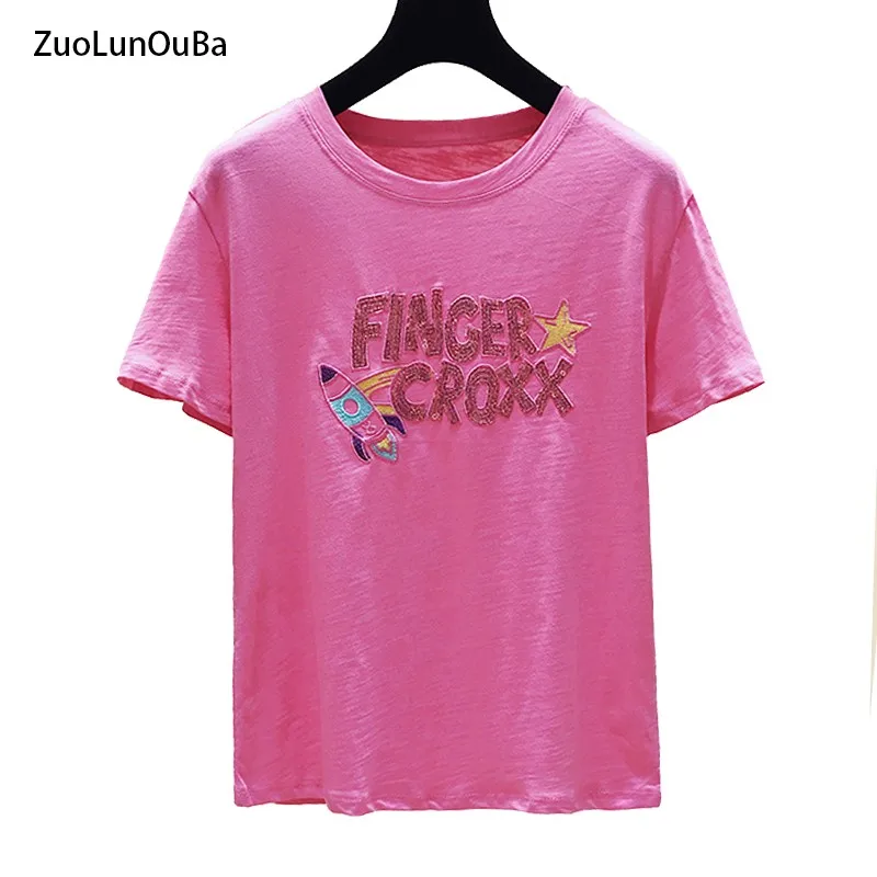 ZuoLunOuBa Women Musim Panas Baru T Shirt Sulaman Surat Sequin Kasual Longgar Tops O Leher Wanita Tees Kapas Atasan S-L