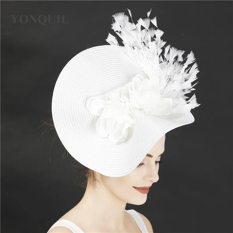 Imitation Straw Big Derby Fascinator Hat Nice Flower Headpiece Headband With Fancy Feather Race Hair Accessories Hair Clip