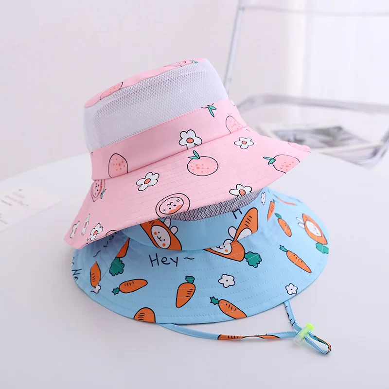 Summer Cute Cartoon Print Child Fashion Breathable Net Sun Bucket Hat Boy Girl Beach Big Hat Brim Adjustable Fisherman Hat