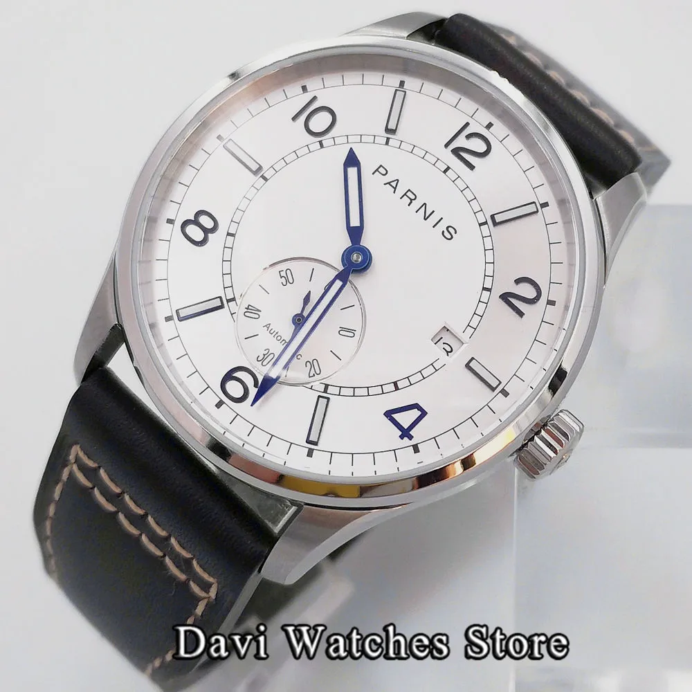 

Parnis 41mm Top Fashion Luxury Mens Watches Silver Case White Dial ST1731 Automatic Movement Date Wristwatch