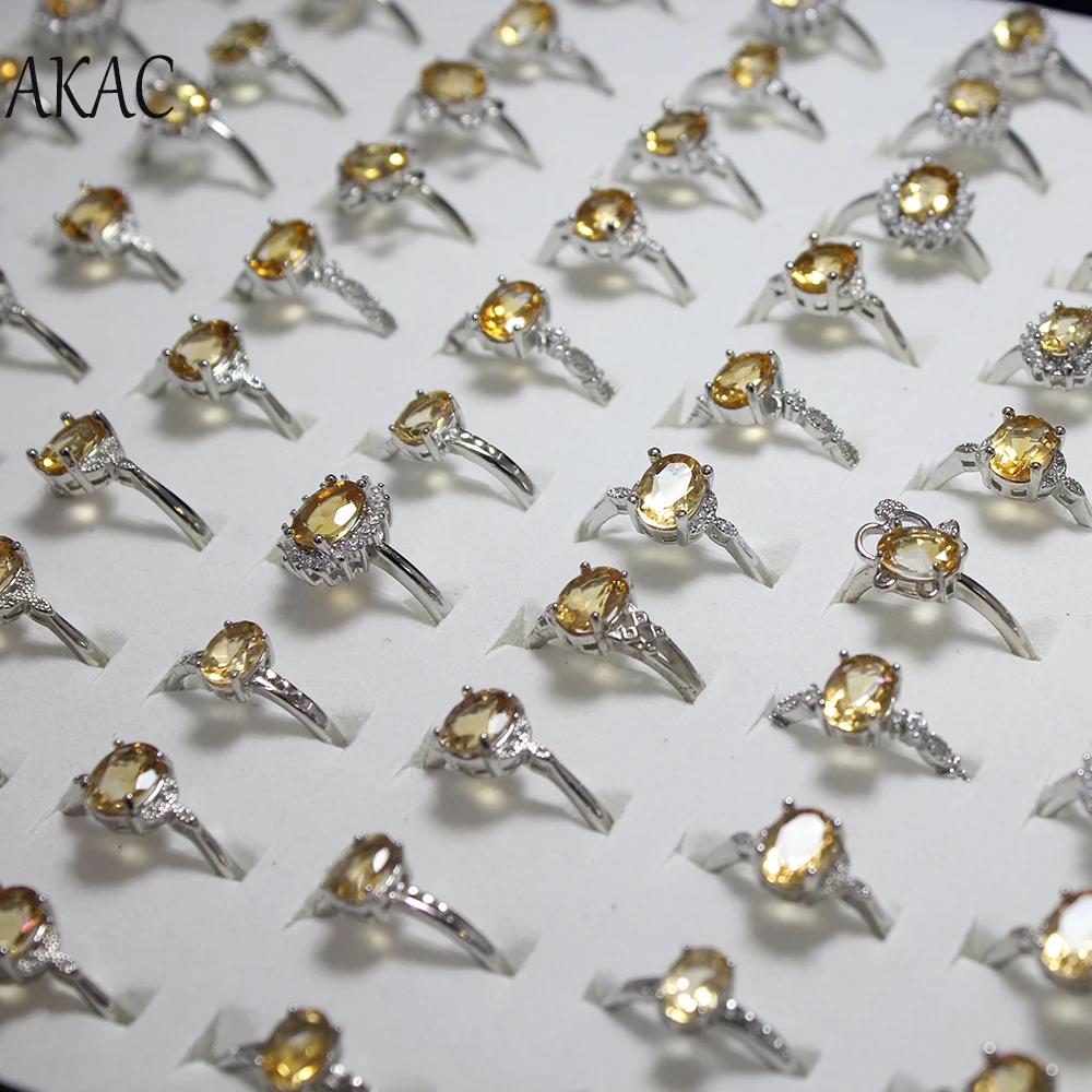 

5rings 10rings AKAC approx5*7mm natural yellow citrine quart white copper adjustable ring for women men send randomly wholesale