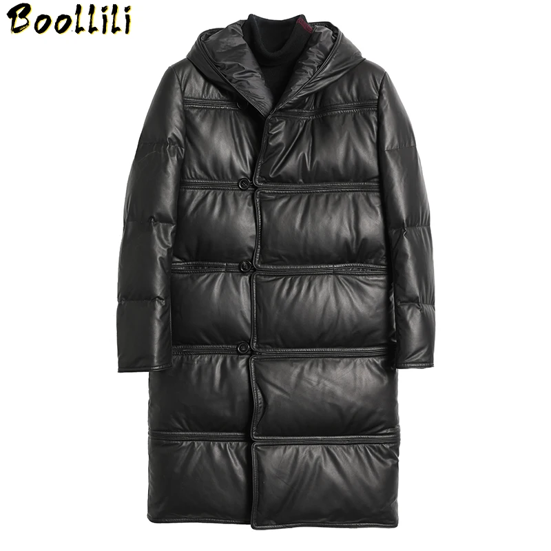 

Genuine Boollili Men's Leather Jacket Winter Long Real Sheepskin Coat Down Jackets for Men Hooded Luxury Coat 2023