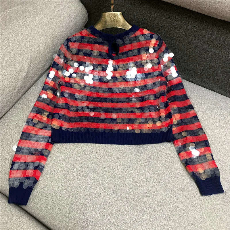 Winter Autumn New Sweater Women Blue-Red Stripes Contrast Color All over Sequin Design Lazy Wind Round Neck Knitting Pullover