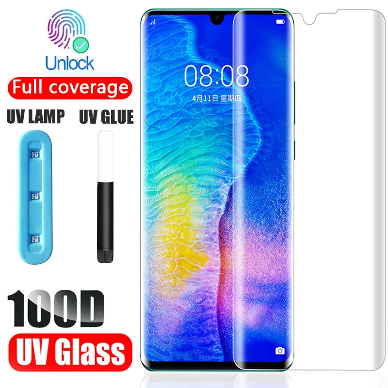 

УФ закаленное стекло для Huawei p50 Pro полный клей для Huawei mate 40 pro P30 P40 + Nova 7 8 pro honor 30 pro Защитная пленка для экрана
