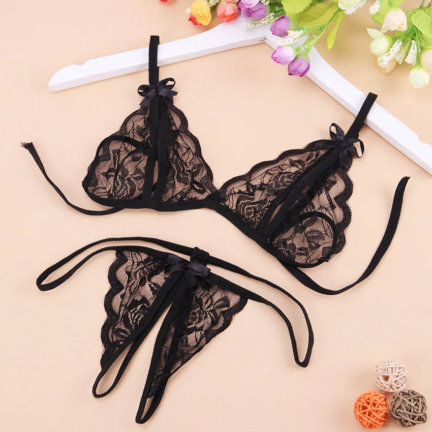 Fashion Bras For Women Underwear V-Neck Floral Embroidered Push Up Lace Lingerie Set Black Crop Top And Panties Set