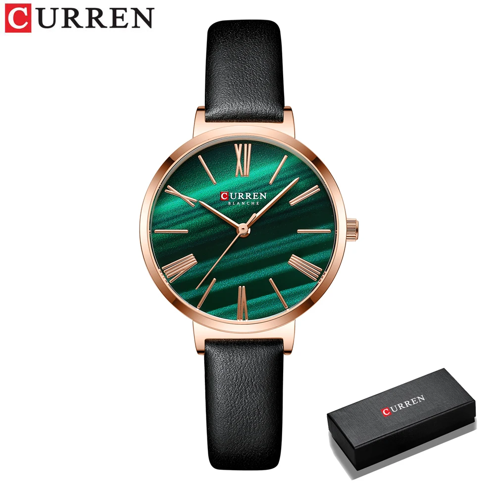 CURREN Modische Damenuhren, Lederarmband, Quarz-Armbanduhr, klassisch, schlicht, dünn 10