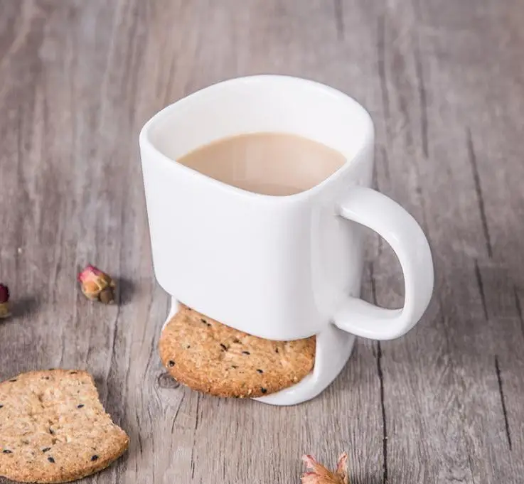 60pc/lot 250ml Ceramic Mug White Coffee Tea Biscuit Milk Dessert Cup Tea Cup Side Cookie Pocket Holder For Home Office Wholesale