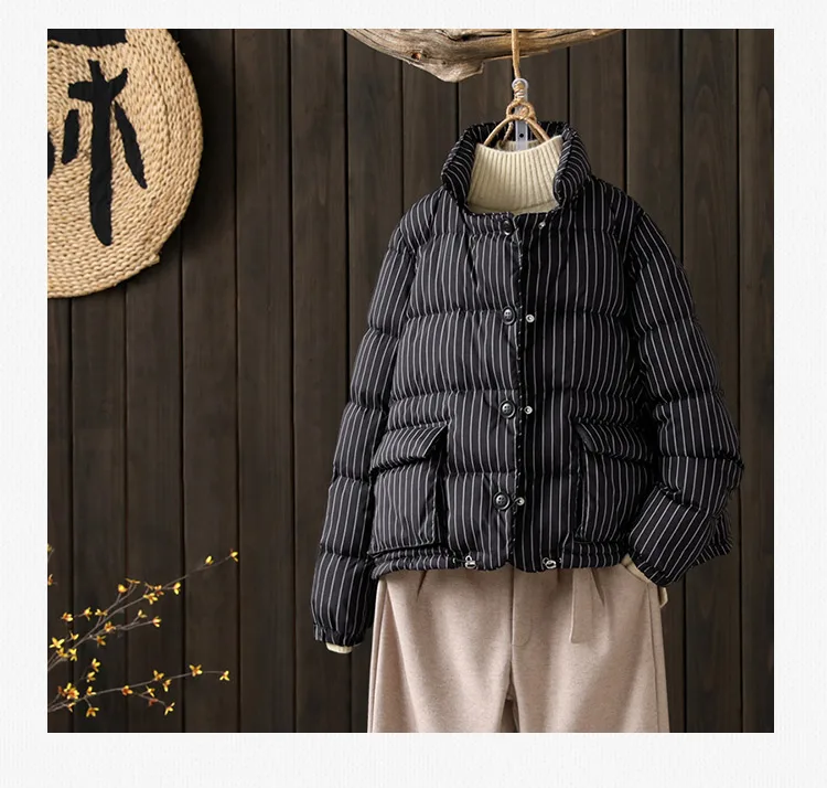 Autumn winter retro style striped duck down coat female stand collar printed warm down coats soft fluffy down jacket parkas F334