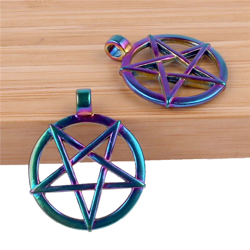 20PCS Rainbow Color Round Star Pentagram Amulet Charms for Handmade Necklace Pendant Jewelry 23603