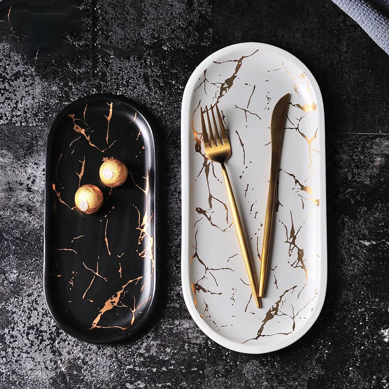 Marble Ceramic Oval Plate Creative Dish Jewelry Storage Tray Fruit  Pizza Plate Cookware Porcelain Sushi Tableware Wholesale