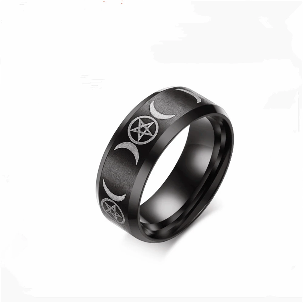 Stainless Steel Triple Moon Goddess Wicca Pentacle Ring Crescent Moon Pentagram Pagan Rings For Women Men Jewelry Freeship