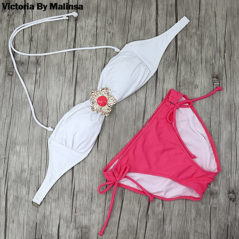 Crystal jewelry Brooch Bikini Set White Top Secret Swimsuit Summer Biquini Bottom brazilian Bathing Suit Swimwear Women