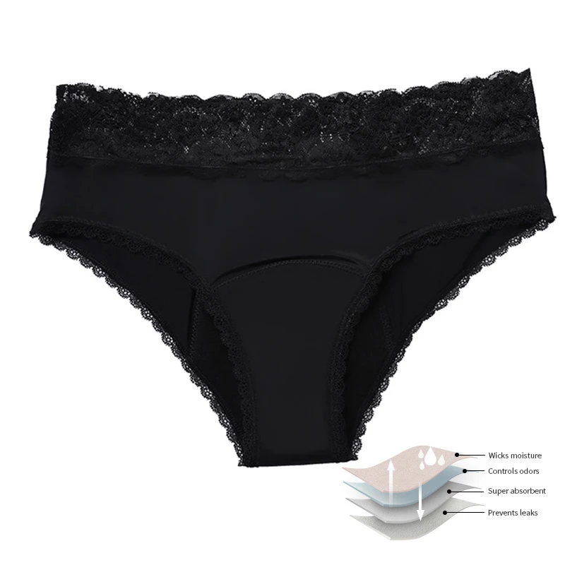 

Low Waist XS-XL Period Stain Proof Panty Menstrual Black 4 Layer Absorb Menstrual Lace Period Panties