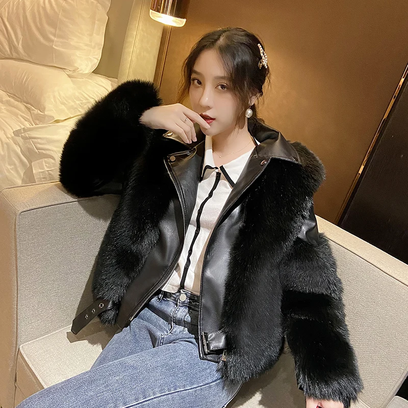 High Quality Faux PU Leather Patchwork Imitation Fox Fur Coat Autumn Winter 2024 Beige Khaki Black Gray Slim Short Biker Outwear