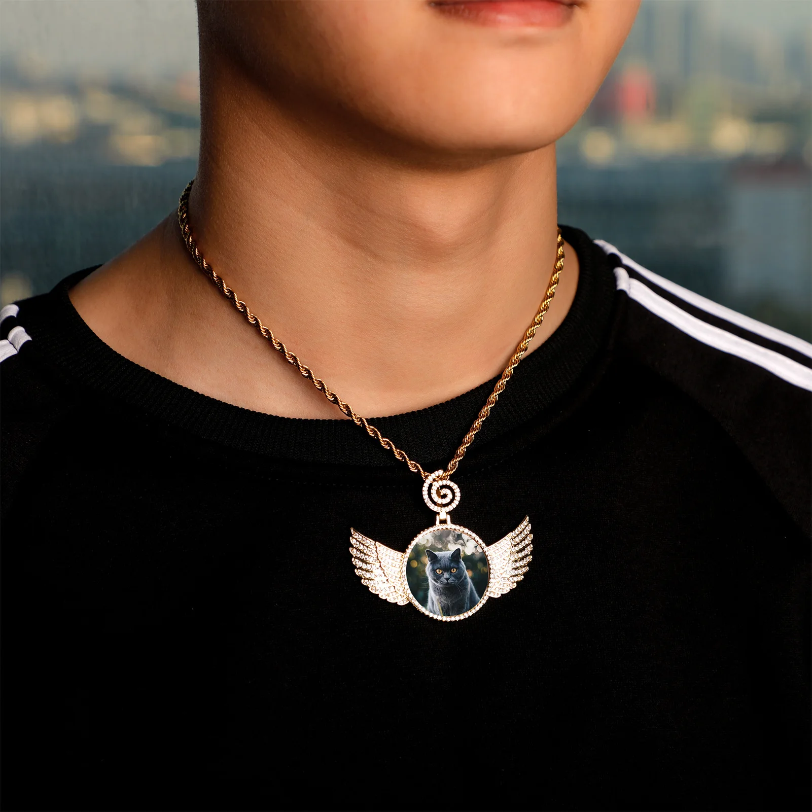 GUCY Personalise Custom Made Photo Sngel Wings Pendant Necklace Gold Silver Color Cubic Zircon Men's Hip Hop Jewelry