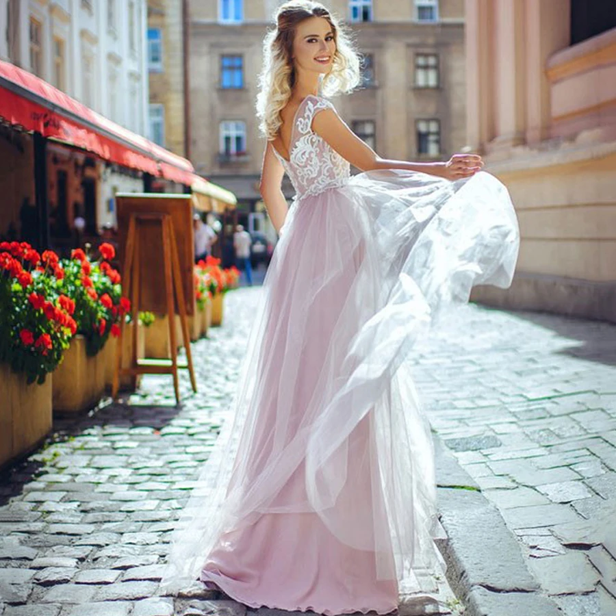 

Pink Boat Neck Top Appliques See Through A-Line Wedding Dresses Back Zipper Designs Tulle Bridal Gowns