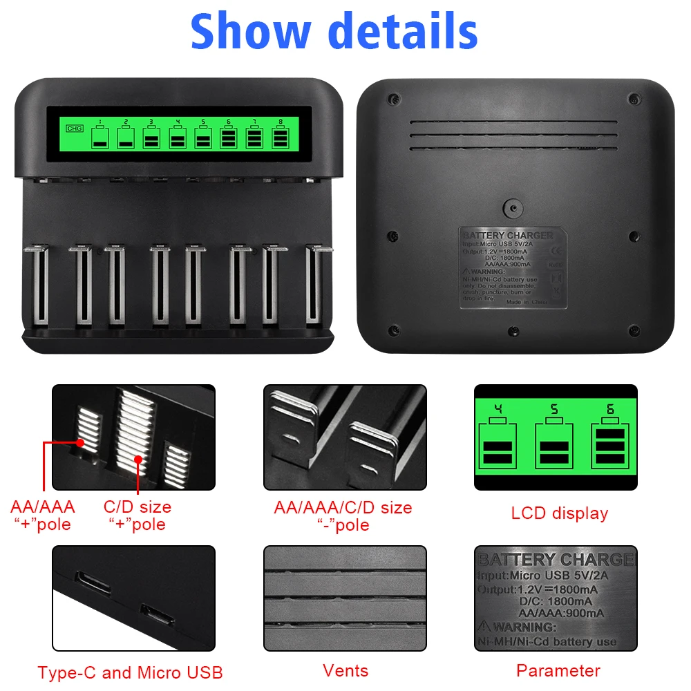 PALO 8 slots LCD Display Smart USB Battery Charger For 1.2V Nimh Nicd Type C D AA AAA Rechargeable Battery Fast Charge Device