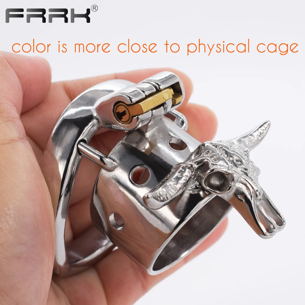 FRRK Open Penis Rings Bull Head Skeleton Male Chastity Device Metal Cock Cage BDSM Bondage Belt Naughty Adults Sex Toys for Men