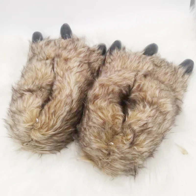 Wholesale Luxury Fluffy Paw AntiSlip Brown Plush House Indoor Slippers Men Animal Plush Home Bedroom Claw Slides Women Sandals