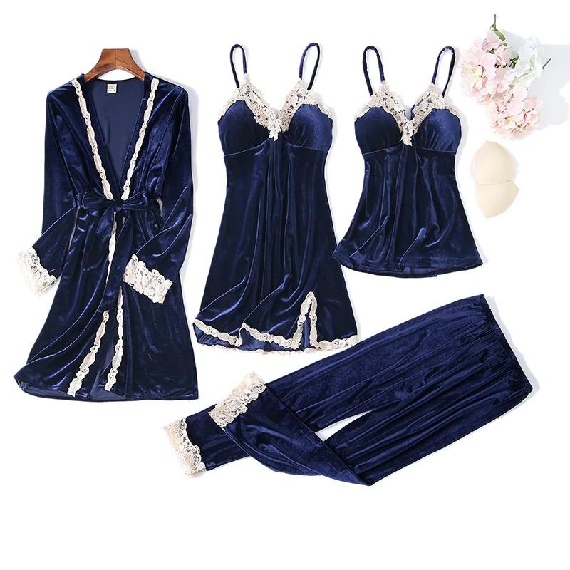 Women Velvet 4PCS Pajamas Set Sexy Patchwork Lace Trim Sleepwear Nightgown Loose Casual Kimono Bathrobe Gown Patchwork Lace