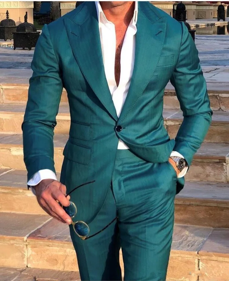 

Green Men Wedding Suits Peak Lapel Slim Fit Groom Tuxedos Popular Dress Two Pieces Men Business Dinner/Darty Suit(Jacket+Pants)