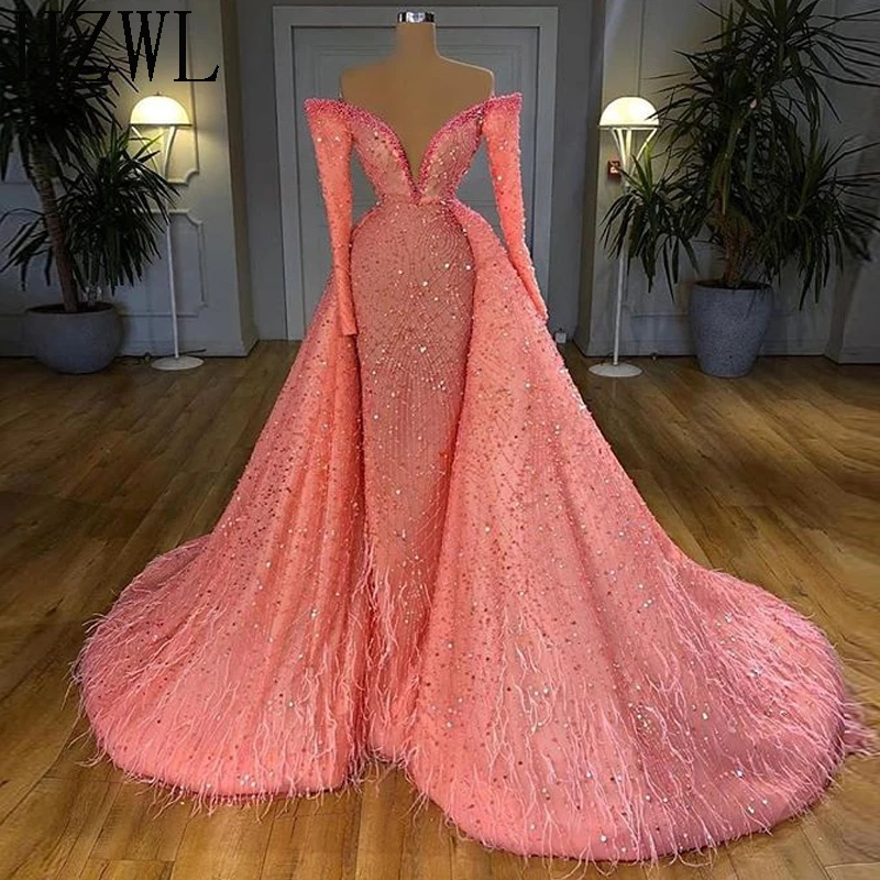 

Luxury Baby Pink Off the Shoulder Beaded Feather Formal Evening Dresses with Detachable Train Peals V-Neck Prom Dress vestidos