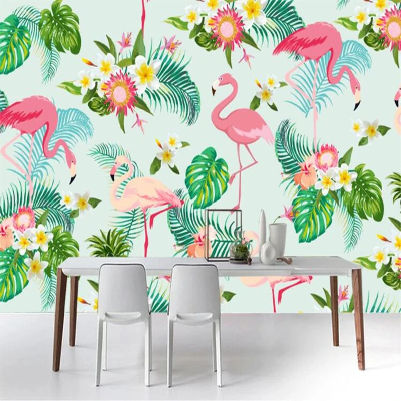 

Custom Mural Wallpaper Hand Painted Flowers Pink Flamingo Background Wall Painting