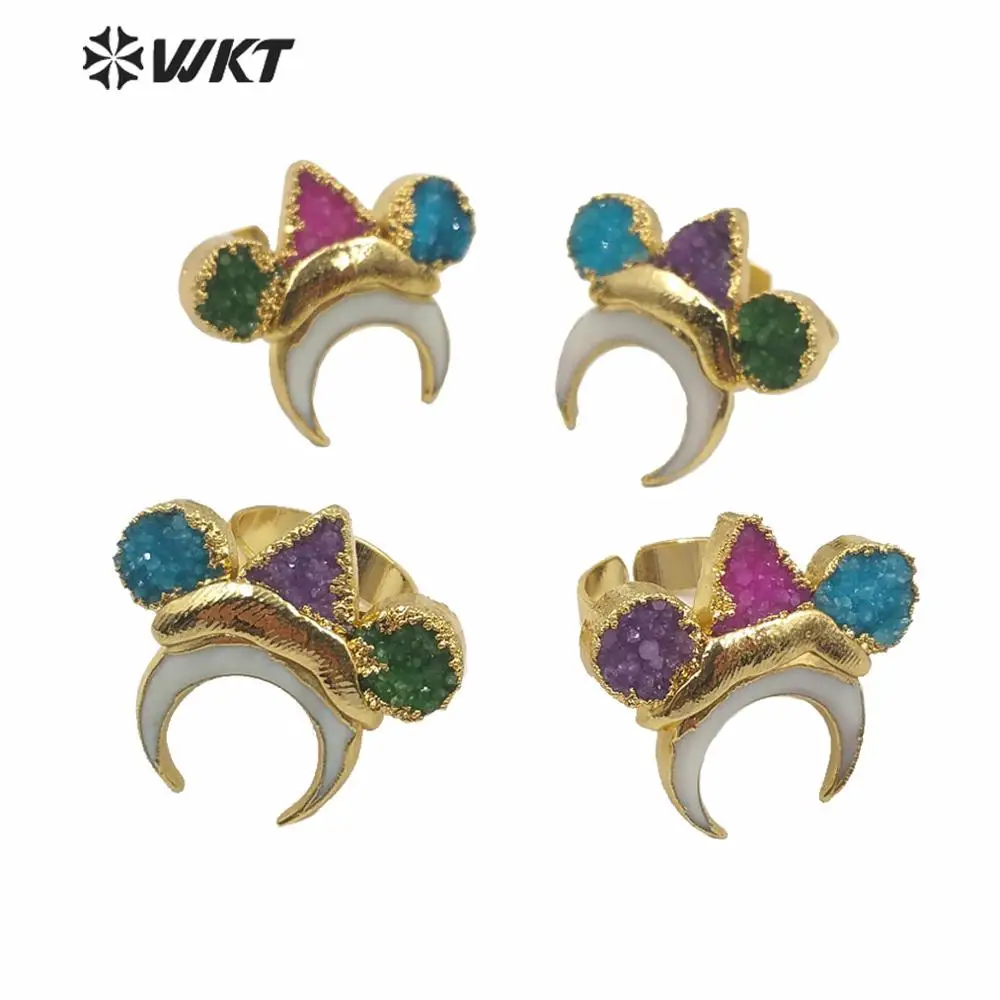 WT-MPR004 Natural Stone Party Ring Druzy Stone And White Shell Crescent Horn Rings US7 Ring Size Ajustable Women Rings