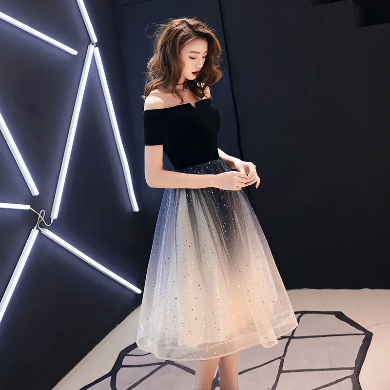 Banquet Evening Dress 2022 New Fashion Off the Shoulder Short Sleeve Gradient Prom Party Dress Sequins Tea Length