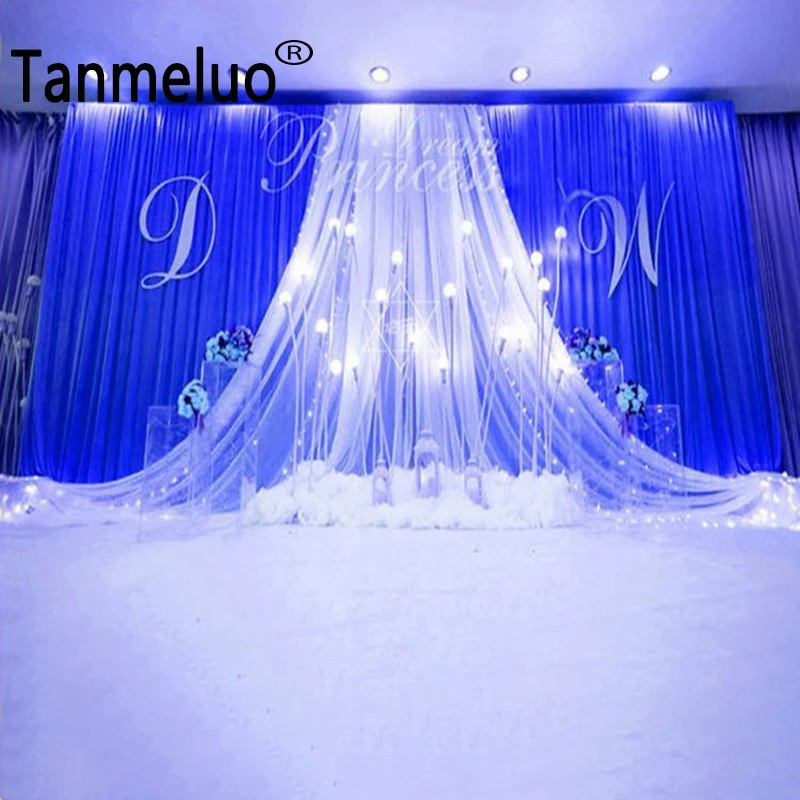 

Luxury Wedding Stage Silk Backdrop Background Curtains with Beauty Yarn Gauze Decoration White and Blue