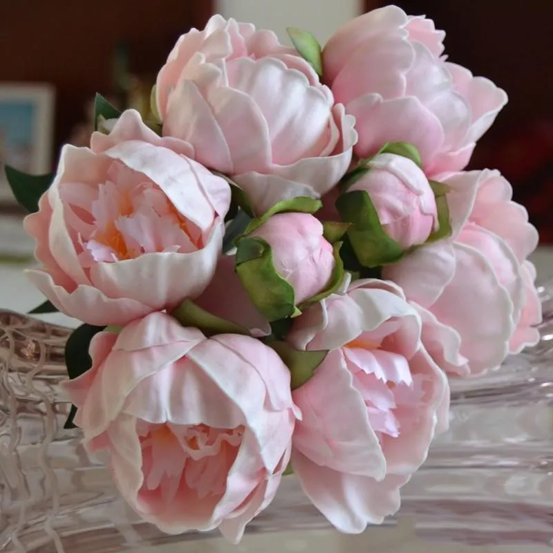 

Upscale White Pink 8 Heads Bridal Bouquet Artificial PU Peony Real Touch Flowers Home Wedding Party Decoration Supplies