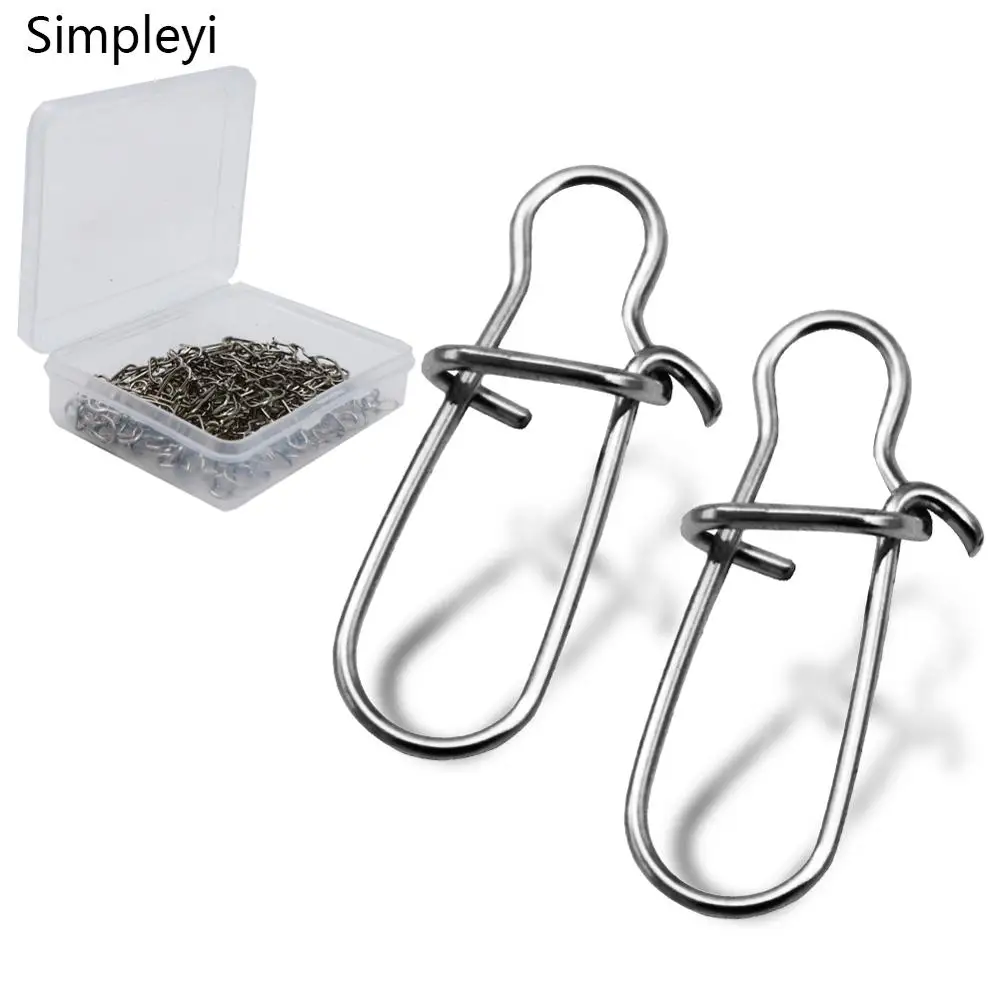 50/100 unids/caja, conectores rápidos de pesca, broches de seguridad de acero inoxidable, Clips rápidos, bloqueo, aparejos de pesca, anilla para