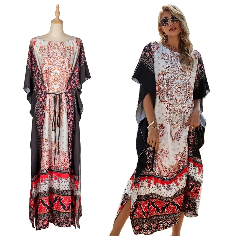 

Women Floral Print Long Caftan Side Split Beach Tunic Dress Oversized Loose Maxi Kaftan Drawstring Waist Bikini Swimsuit Up