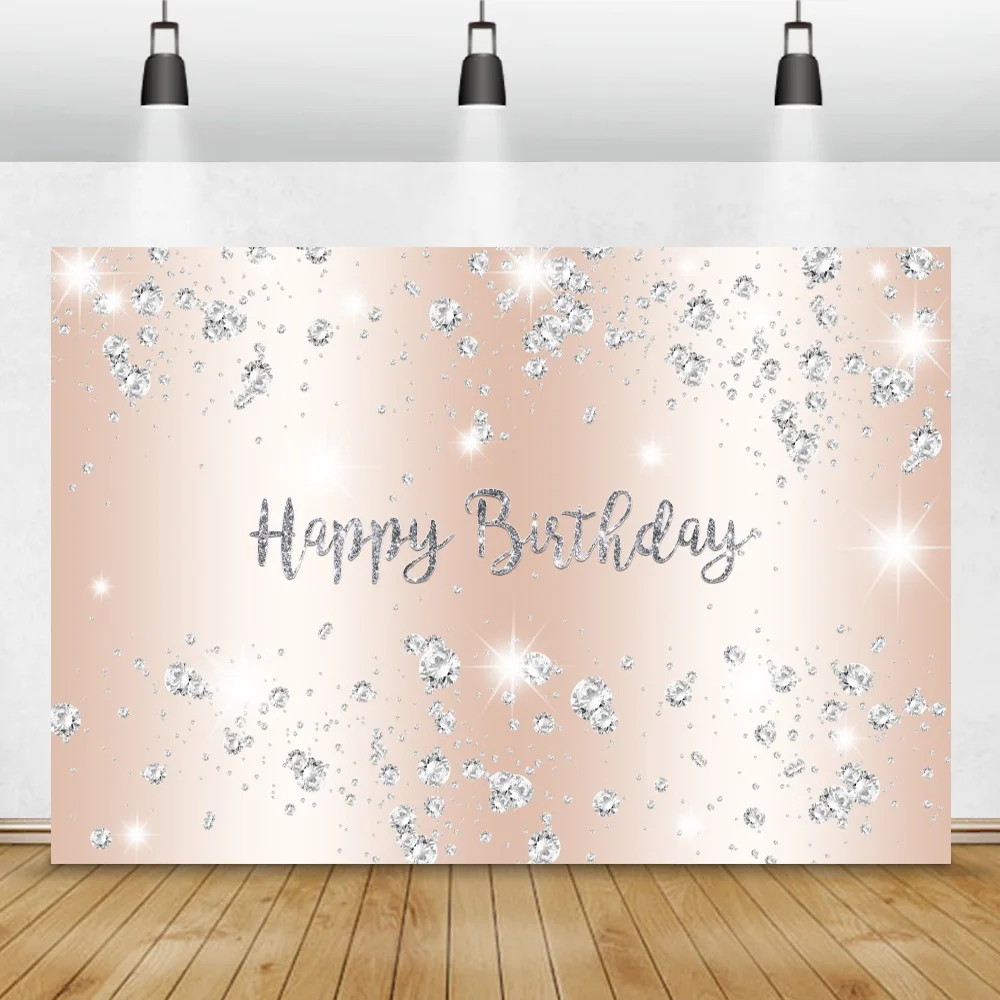 Shiny Diamonds Silver Happy Birthday Party Customized Banner Poster Baby Child Photozone Photo Background Pink Photo Backdrops