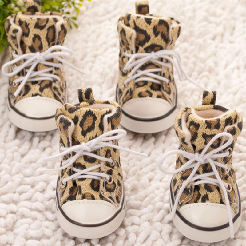 4pcs/set Fashion Leopard Dog Shoes Casual Canvas Dog Sneakers Autumn Anti-slip Dog Booties Chihuahua Teddy Soft Bottom Pet Shoes