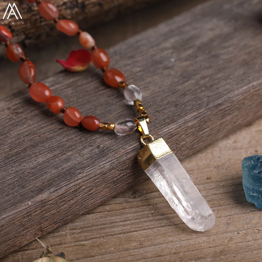 Natural White Quartz Freeform Point Pendant Red Agates Irregular Chip Beads Cord Knotted Necklace Handmade Mala Yoga Jewelry