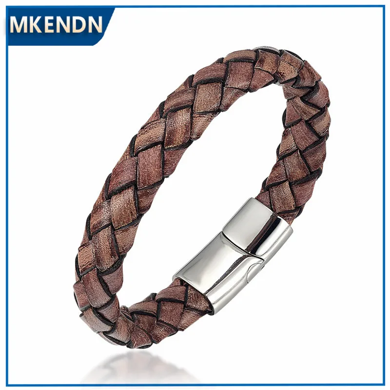 MKENDN New Arrival Men Jewelry Vintage Bracelet Handmade Brown Braided Leather Bracelet Stainless Steel Magnetic Clasps Bracelet