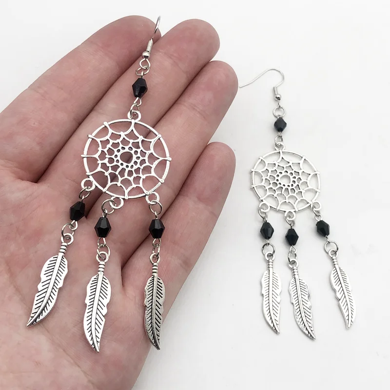 Gothic Dream Catcher Earrings Female Retro Color Hexagonal Beads Feather Leaf Pagan Earrings Wholesale Jewelry